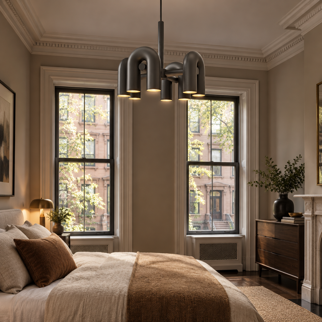 Zuri Modern LED Chandelier, 4 Lights Black, in an East Coast brownstone bedroom with tall sash windows and crown molding