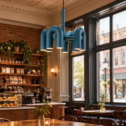 Zuri Modern LED Chandelier, 4 Lights Blue, in a coffee shop in a historic Main Street storefront