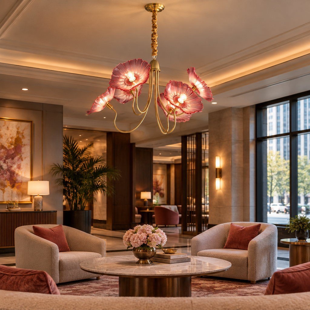Ulani Lotus Leaf Glass Chandelier, 6 Lights Gold and Pink, in a boutique hotel lobby lounge in a downtown U.S. city building