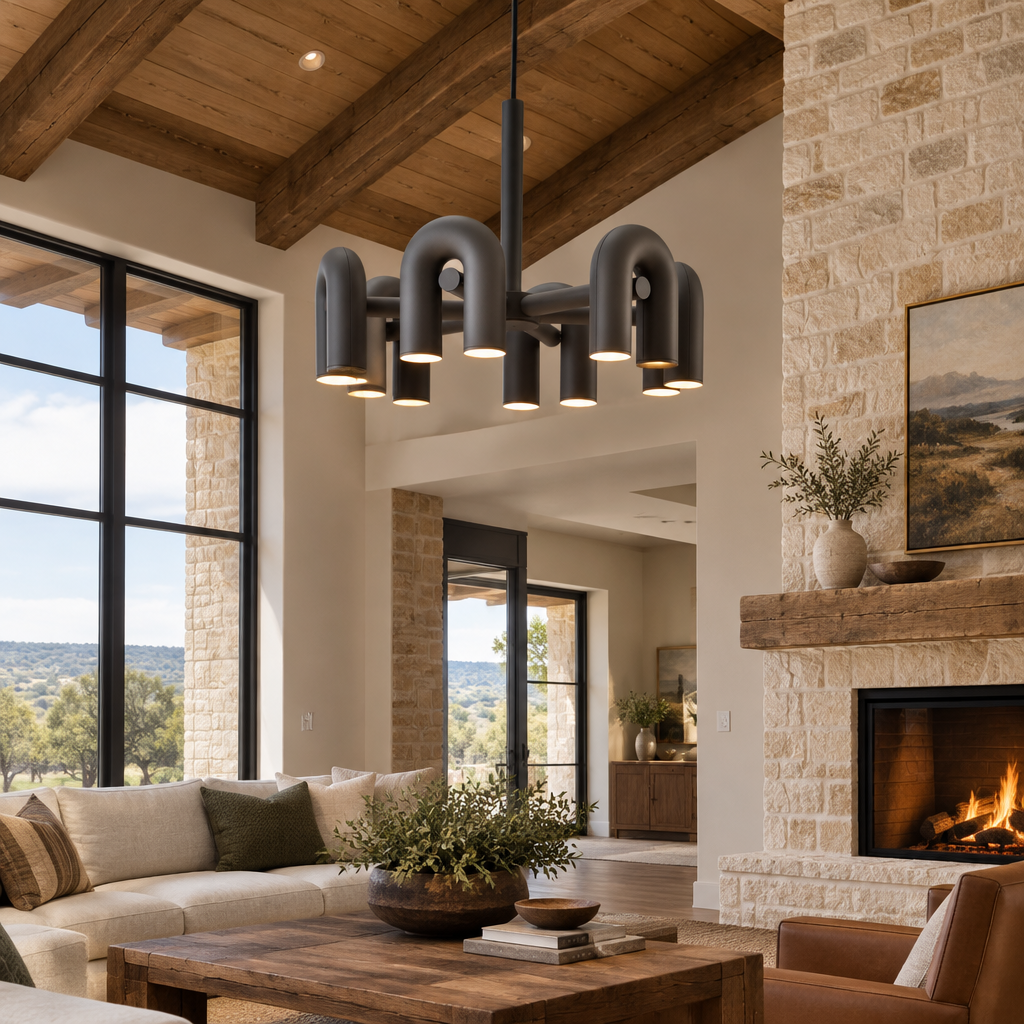 Zuri Modern LED Chandelier, 6 Lights Black, in a Texas hill country great room with exposed beams and limestone accents