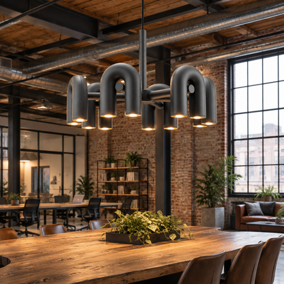 Zuri Modern LED Chandelier, 6 Lights Black, in a co-working space in a converted warehouse