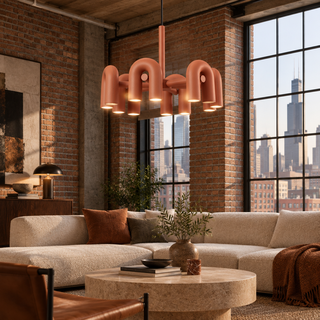 Zuri Modern LED Chandelier, 6 Lights Orange, in a Chicago loft living area with exposed brick and large factory windows