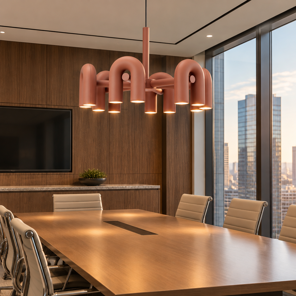 Zuri Modern LED Chandelier, 6 Lights Orange, in a corporate conference room in a Class A office building
