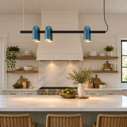 Zuri Modern LED Chandelier, 3 Lights Blue, in a modern farmhouse kitchen with a white quartz island and shiplap walls