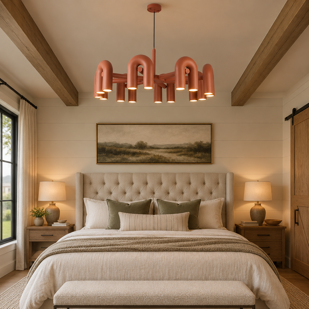 Zuri Modern LED Chandelier, 8 Lights Orange, in a Nashville modern farmhouse primary bedroom with a tufted headboard