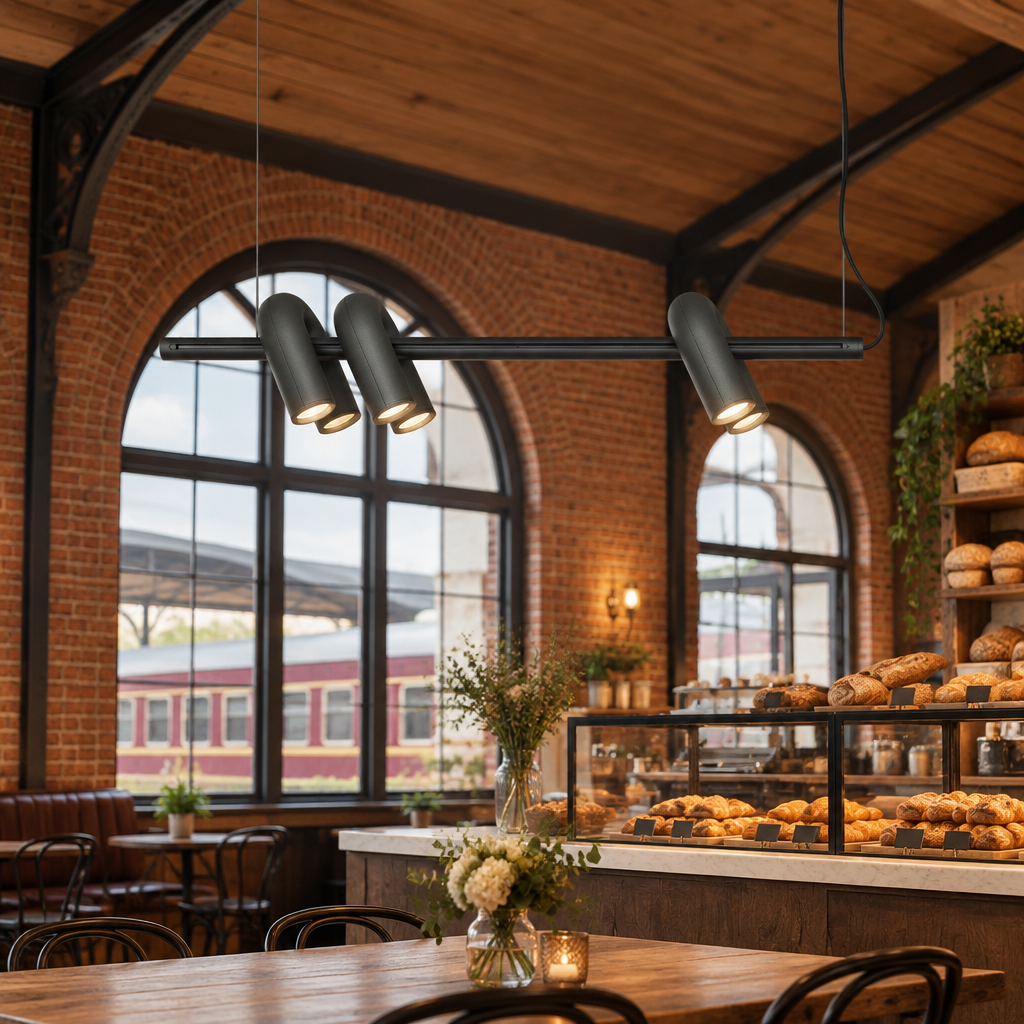 Zuri Modern LED Chandelier, 3 Lights Black, in a bakery cafe in a renovated American train depot