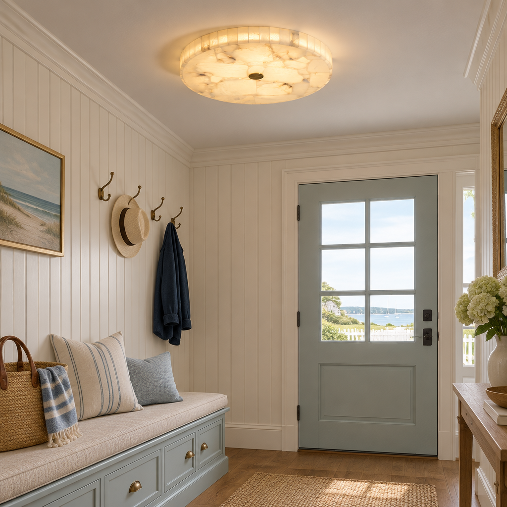 Xanthe Alabaster Flush Mount Ceiling Light in a coastal New England cottage entryway with beadboard and a bench