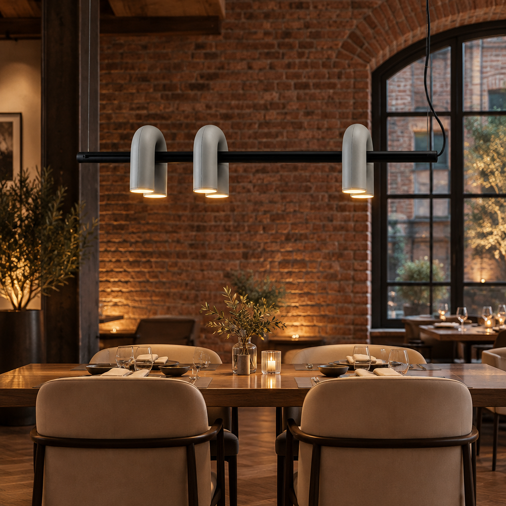 Zuri Modern LED Chandelier, 3 Lights Gray, in an upscale restaurant dining room in a renovated brick building