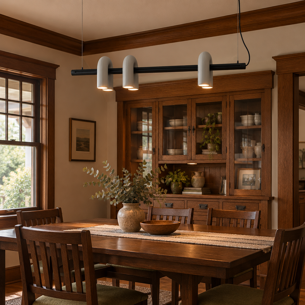 Zuri Modern LED Chandelier, 3 Lights Gray, in a craftsman bungalow dining room with wood trim and built-in cabinets