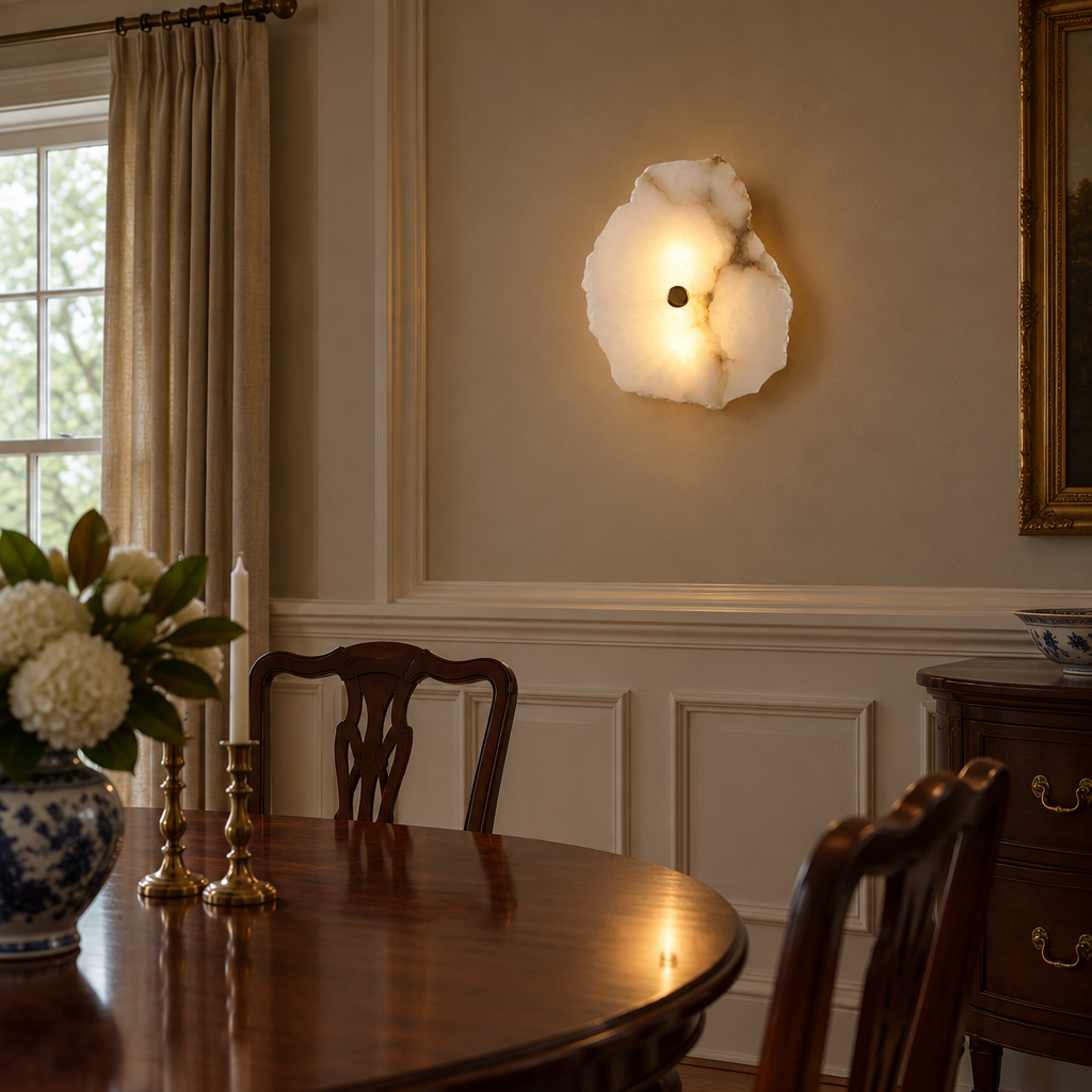 Kaia Alabaster LED Wall Sconce, 1 Light, in a colonial style dining room with wainscoting and a mahogany table