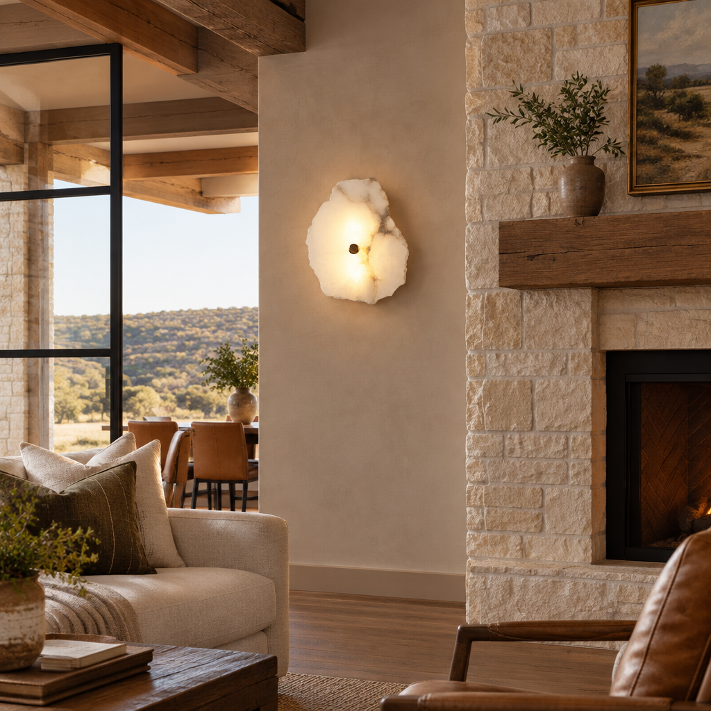 Kaia Alabaster LED Wall Sconce, 1 Light, in a Texas hill country great room with exposed beams and limestone accents