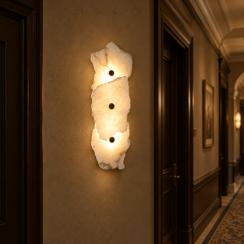 Kaia Alabaster LED Wall Sconce, 3 Lights, in a hotel corridor in a renovated U.S. historic hotel