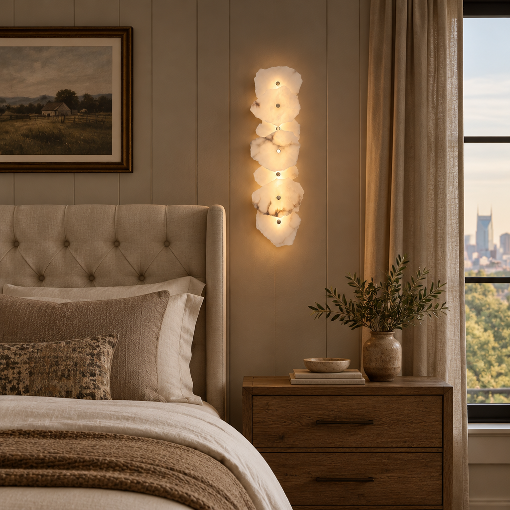 Kaia Alabaster LED Wall Sconce, 7 Lights, in a Nashville modern farmhouse primary bedroom with a tufted headboard