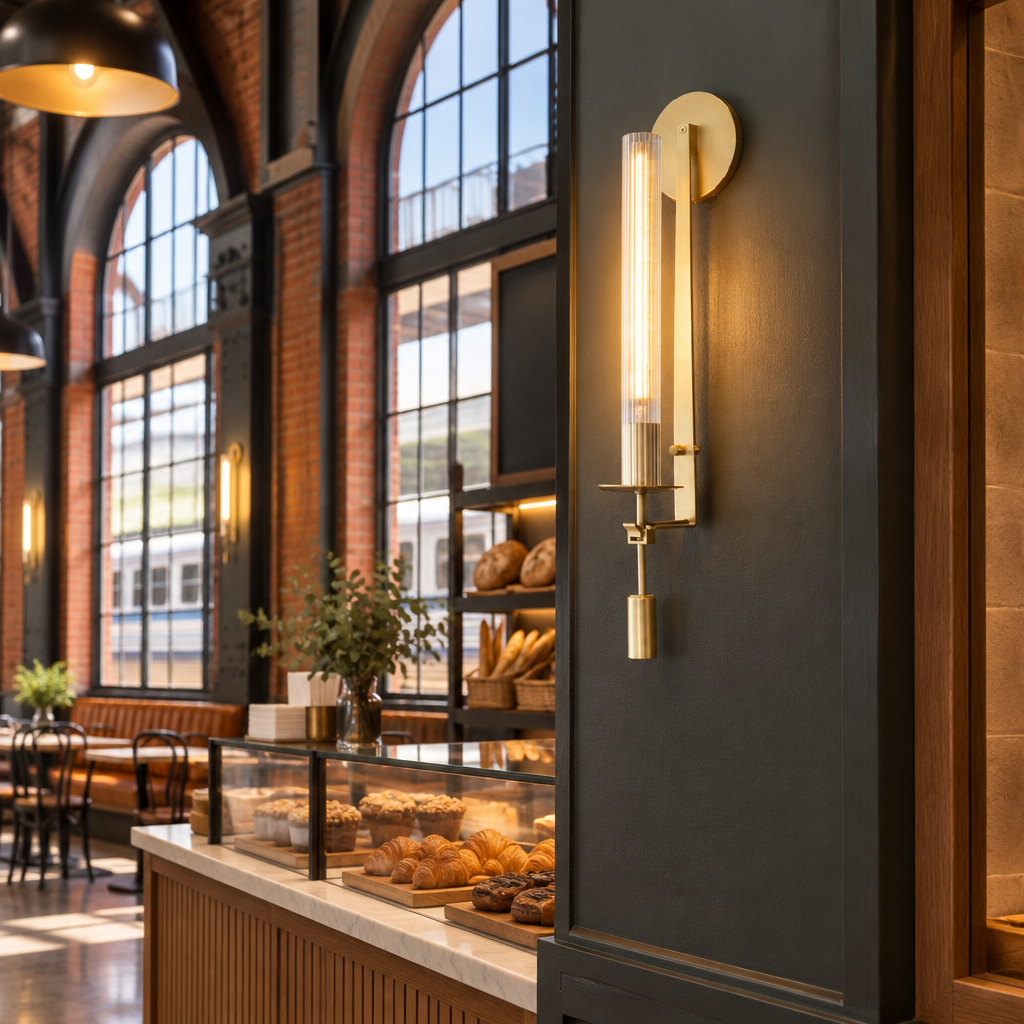 Odalys Brass Ribbed Glass Wall Sconce, Brass and clear glass, in a bakery cafe in a renovated American train depot