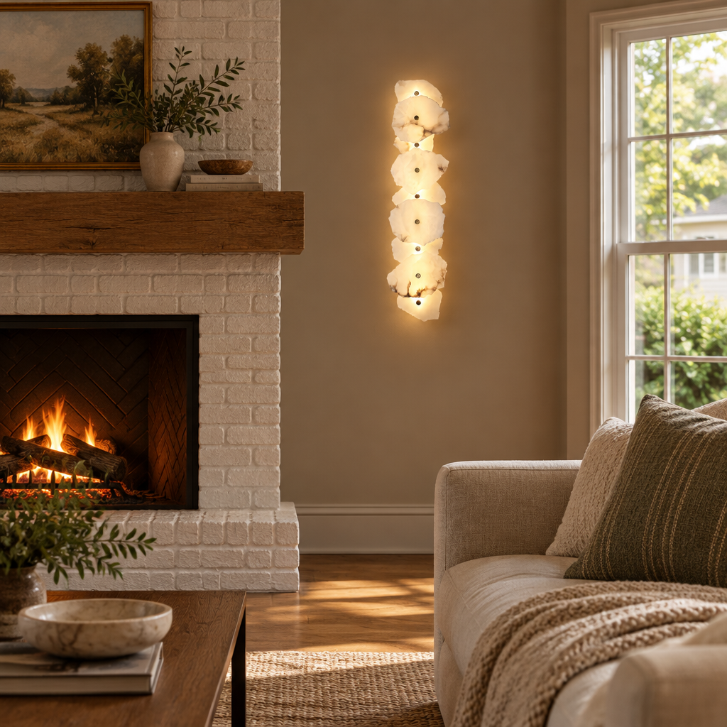 Kaia Alabaster LED Wall Sconce, 9 Lights, in a cozy American suburban living room with a white brick fireplace and oak floors