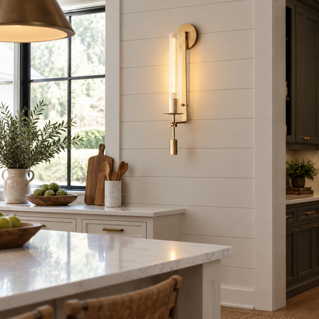 Odalys Brass Ribbed Glass Wall Sconce, Brass and clear glass, in a modern farmhouse kitchen with a white quartz island and shiplap walls