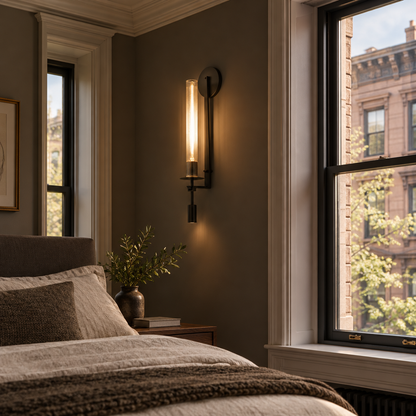 Odalys Brass Ribbed Glass Wall Sconce, Black and clear glass, in an East Coast brownstone bedroom with tall sash windows and crown molding