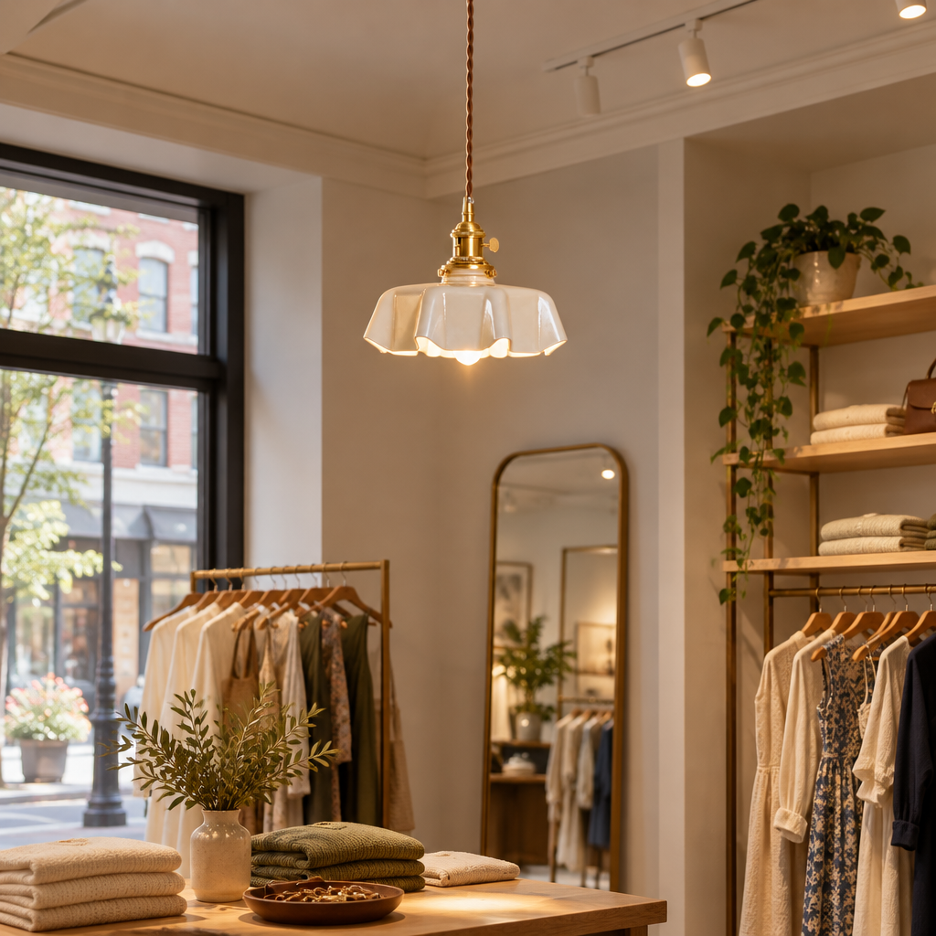 Hyacinth Pleated Glass Pendant Light, 1 Light Brass and Beige, in a boutique clothing store in a U.S. shopping district