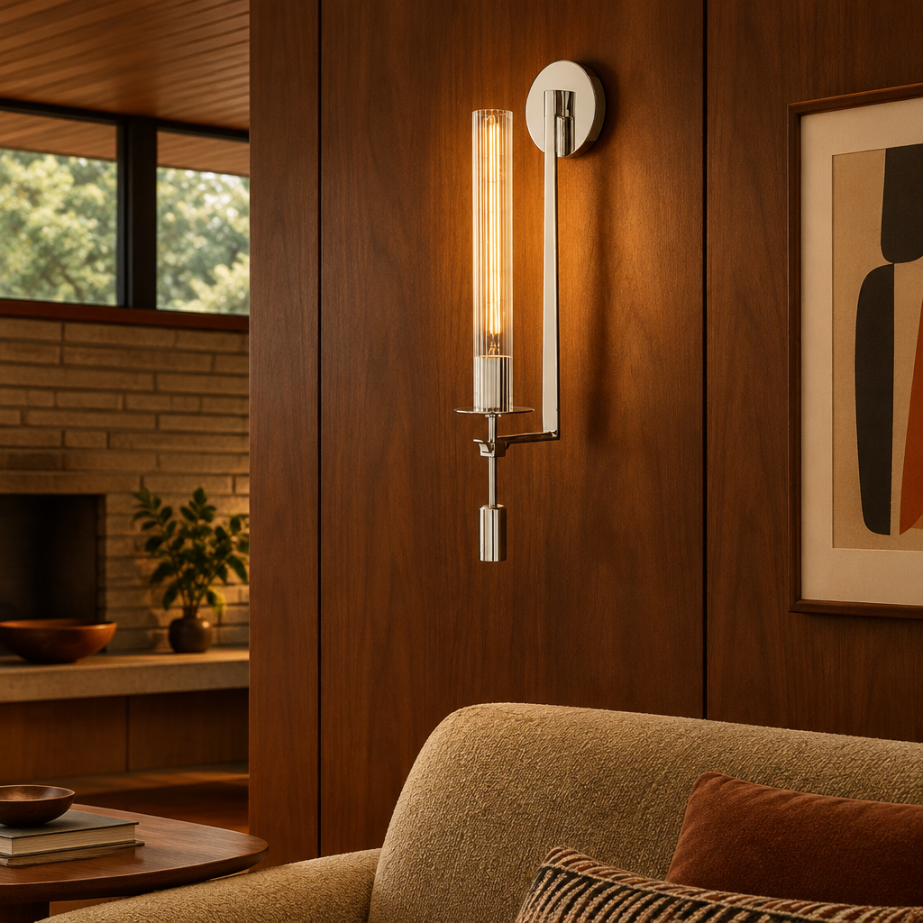 Odalys Brass Ribbed Glass Wall Sconce, Chrome and clear glass, in a mid-century ranch house den with walnut paneling and a low sofa