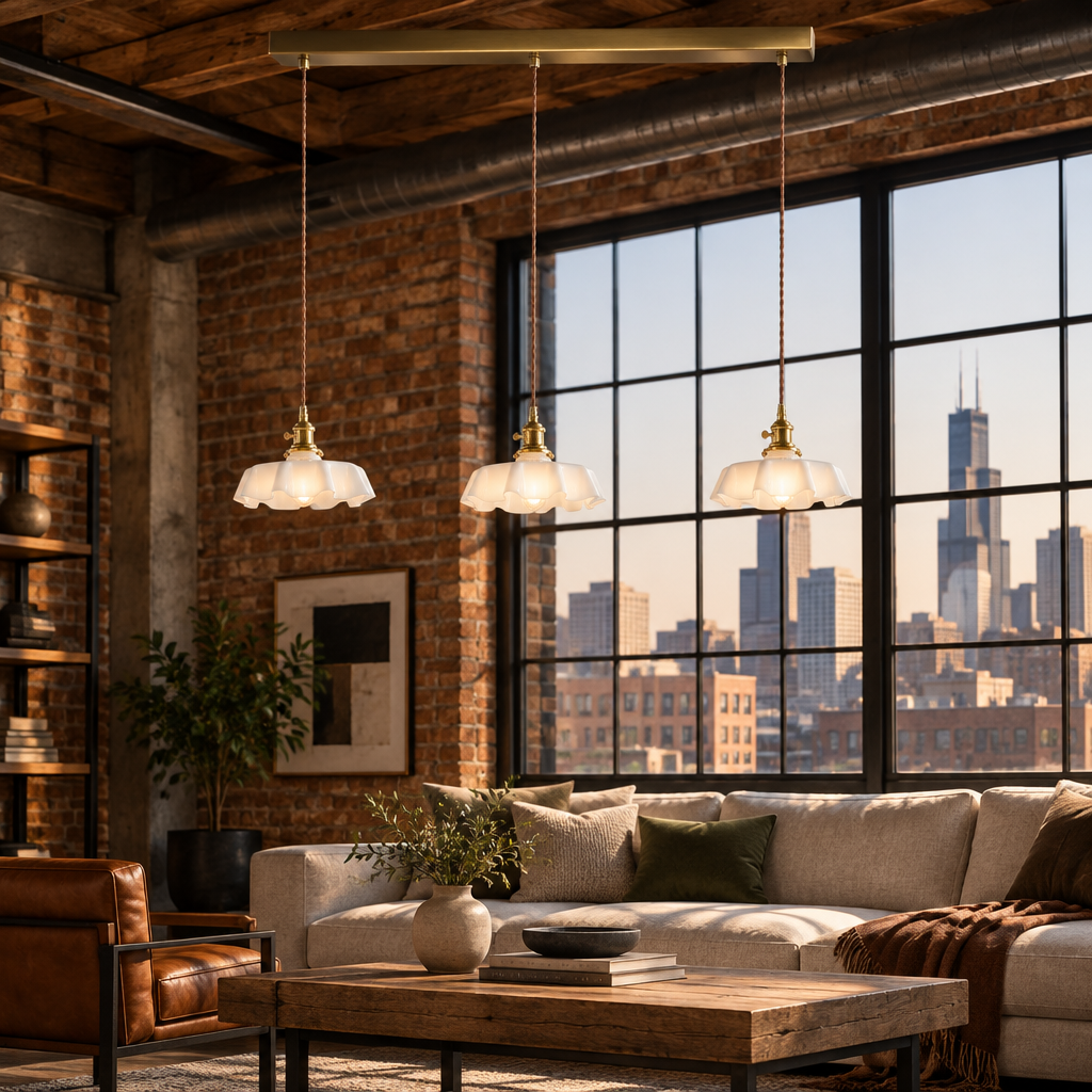 Hyacinth Pleated Glass Pendant Light, 3 Lights Brass and White, in a Chicago loft living area with exposed brick and large factory windows