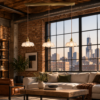 Hyacinth Pleated Glass Pendant Light, 3 Lights Brass and White, in a Chicago loft living area with exposed brick and large factory windows