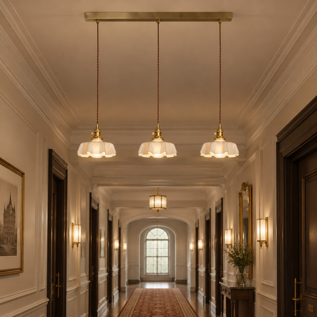 Hyacinth Pleated Glass Pendant Light, 3 Lights Brass and Beige, in a hotel corridor in a renovated U.S. historic hotel