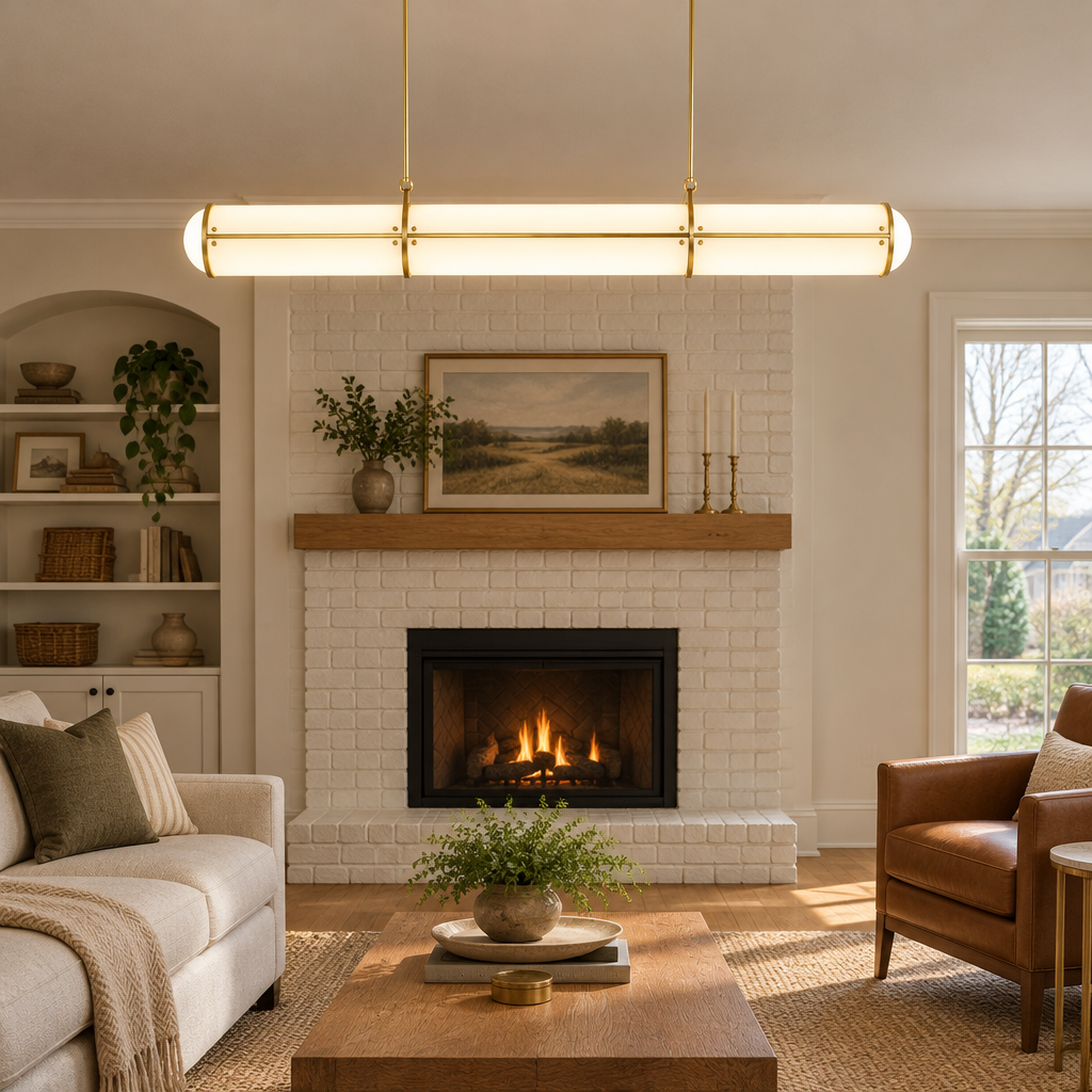 Axton Linear LED Pendant Light, Gold and White, in a cozy American suburban living room with a white brick fireplace and oak floors