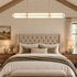 Axton Linear LED Pendant Light, Gold and White, in a Nashville modern farmhouse primary bedroom with a tufted headboard