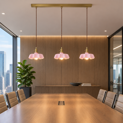 Hyacinth Pleated Glass Pendant Light, 3 Lights Brass and Pink, in a corporate conference room in a Class A office building