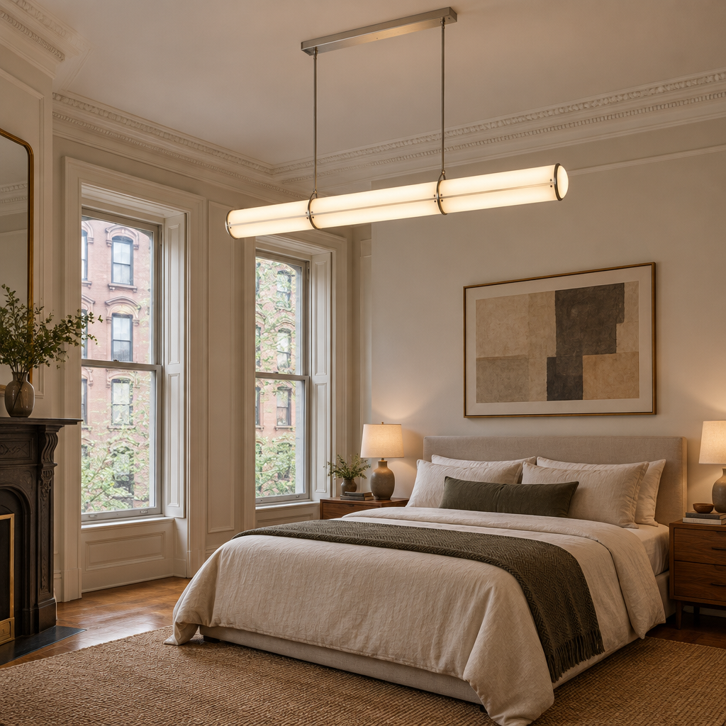Axton Linear LED Pendant Light, Brushed Nickel and White with long canopy, in an East Coast brownstone bedroom with tall sash windows and crown molding