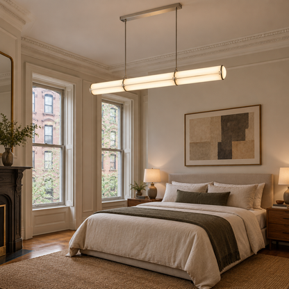Axton Linear LED Pendant Light, Brushed Nickel and White with long canopy, in an East Coast brownstone bedroom with tall sash windows and crown molding