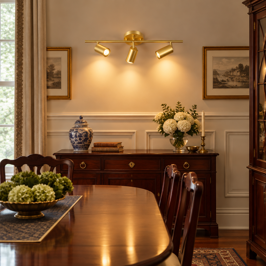 Ziva Adjustable Spotlight Wall Light, 3 Lights Brass, in a colonial style dining room with wainscoting and a mahogany table