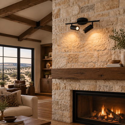 Ziva Adjustable Spotlight Wall Light, 2 Lights Matte Black, in a Texas hill country great room with exposed beams and limestone accents