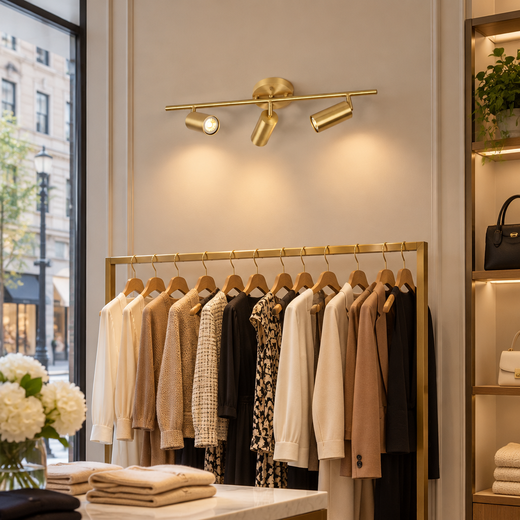 Ziva Adjustable Spotlight Wall Light, 3 Lights Brass, in a boutique clothing store in a U.S. shopping district