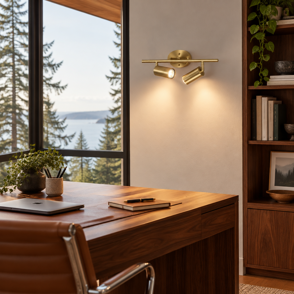 Ziva Adjustable Spotlight Wall Light, 2 Lights Brass, in a Pacific Northwest home office with large windows and a walnut desk