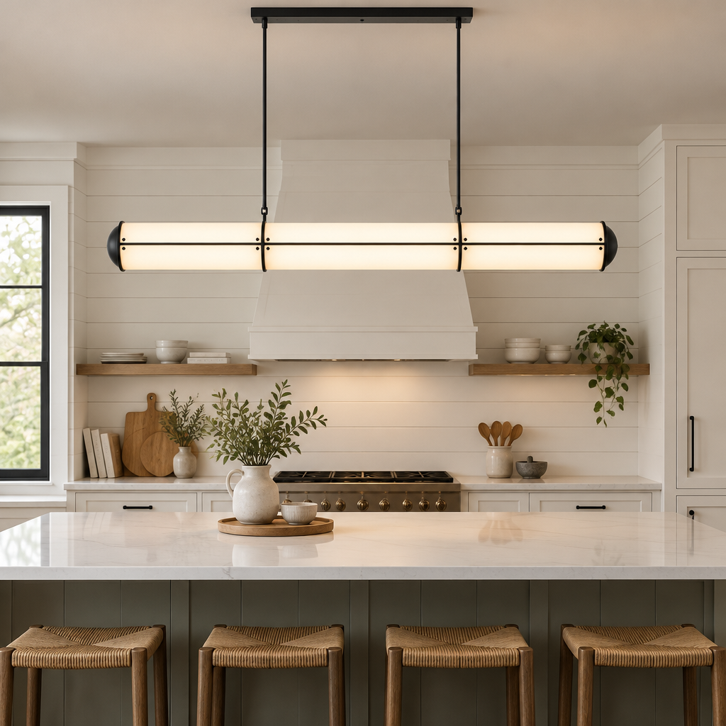 Axton Linear LED Pendant Light, Black and White, in a modern farmhouse kitchen with a white quartz island and shiplap walls
