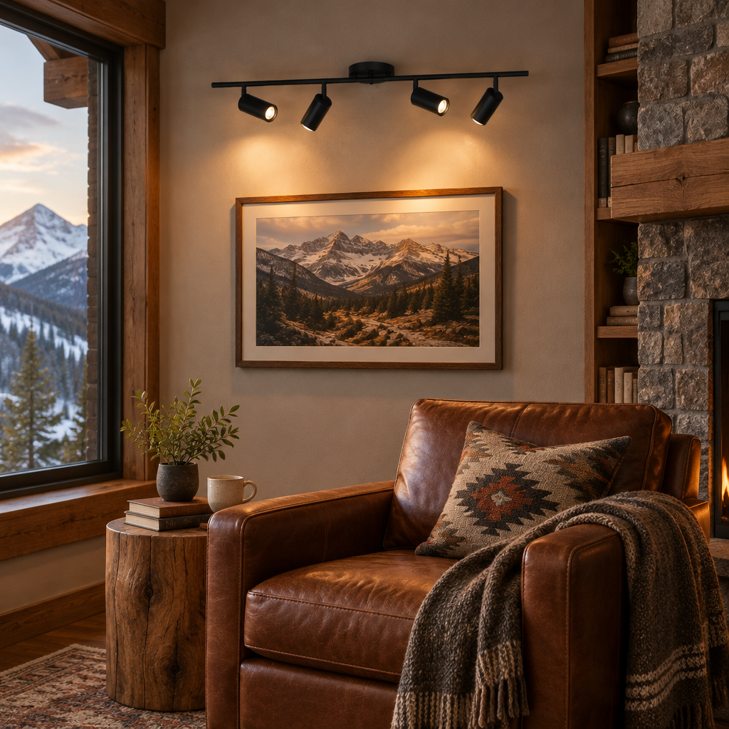 Ziva Adjustable Spotlight Wall Light, 4 Lights Matte Black, in a Colorado mountain home reading nook with a leather armchair