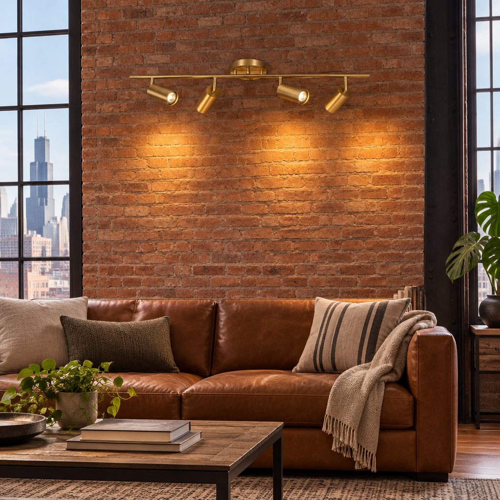 Ziva Adjustable Spotlight Wall Light, 4 Lights Brass, in a Chicago loft living area with exposed brick and large factory windows