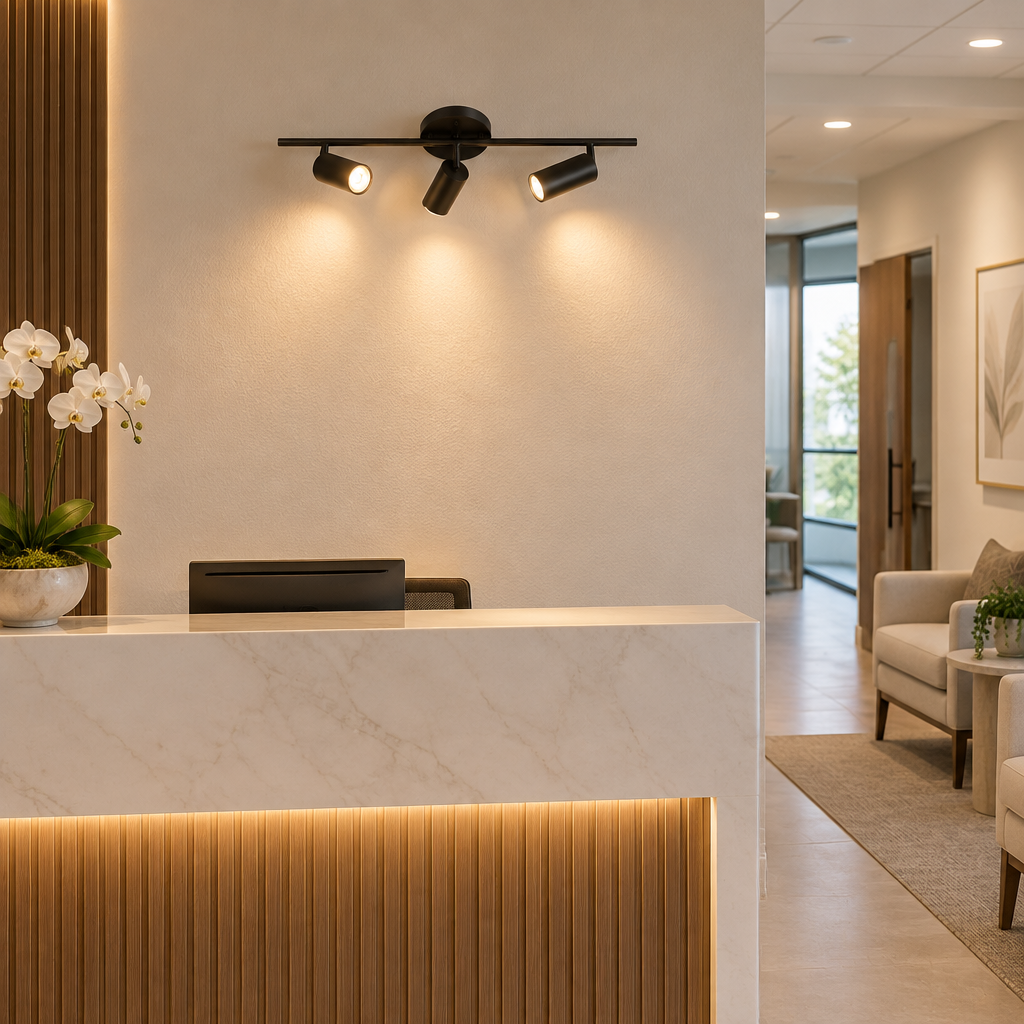 Ziva Adjustable Spotlight Wall Light, 3 Lights Matte Black, in a medical spa reception area in a suburban office park