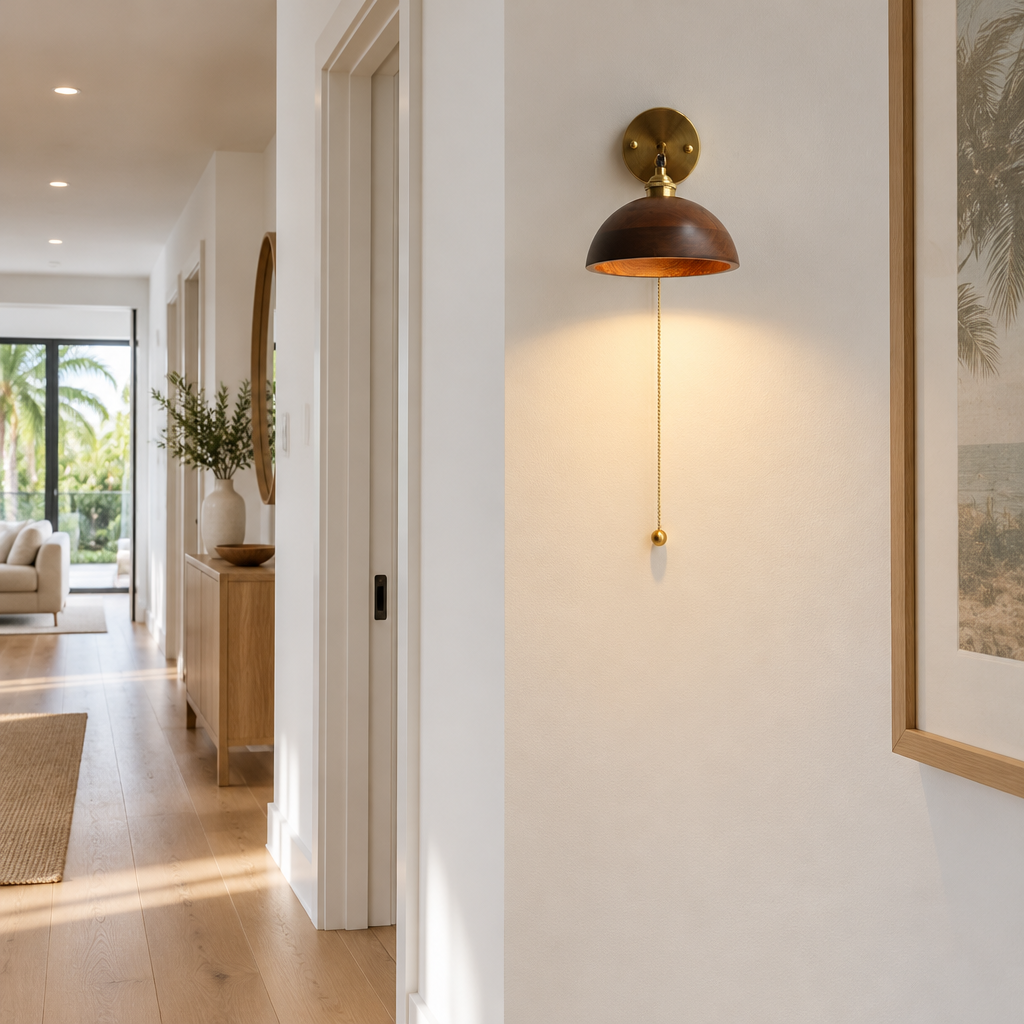 Elm Walnut Wood Wall Sconce, Model A, in a Florida modern home hallway with light wood floors and white walls