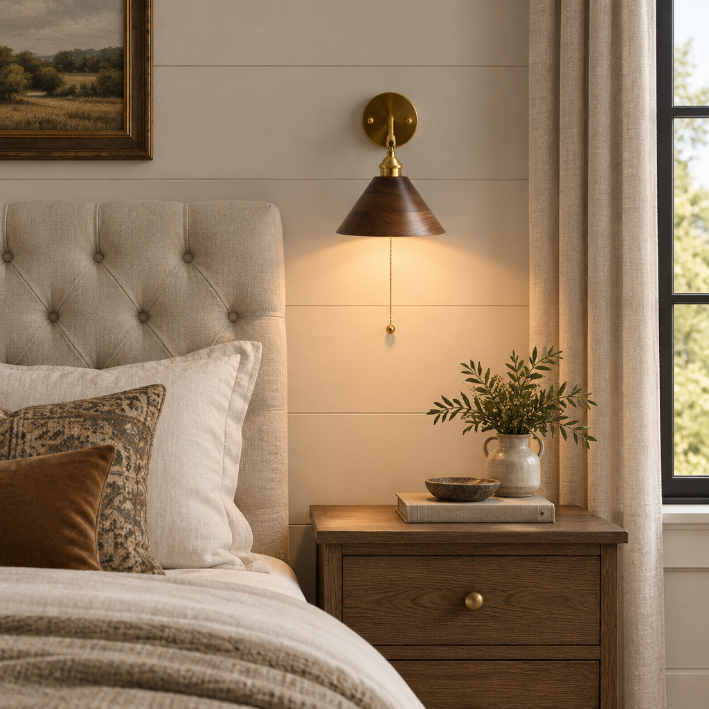 Elm Walnut Wood Wall Sconce, Model B, in a Nashville modern farmhouse primary bedroom with a tufted headboard