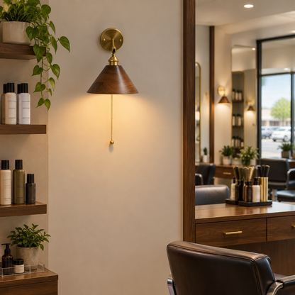 Elm Walnut Wood Wall Sconce, Model B, in an upscale hair salon in a U.S. strip mall