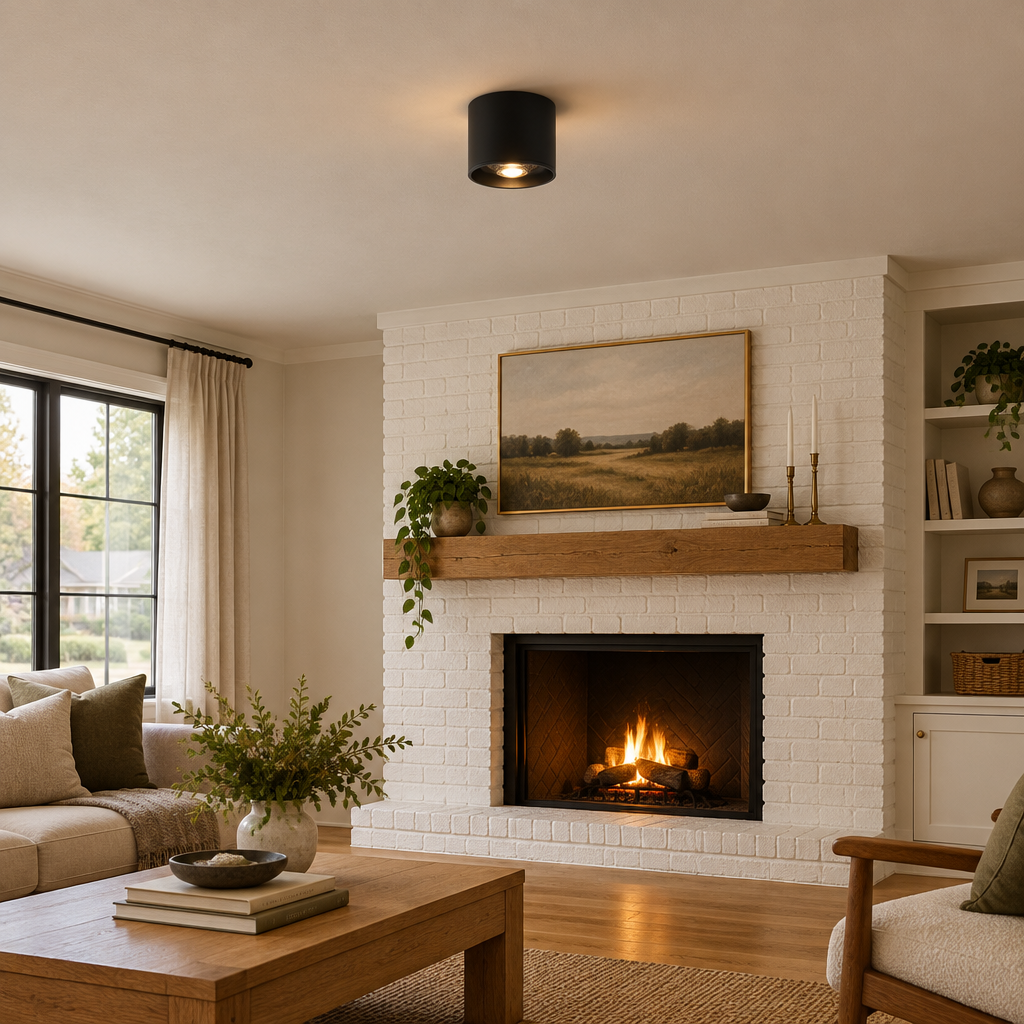Pico LED Surface Mount Spotlight, Single Black, in a cozy American suburban living room with a white brick fireplace and oak floors