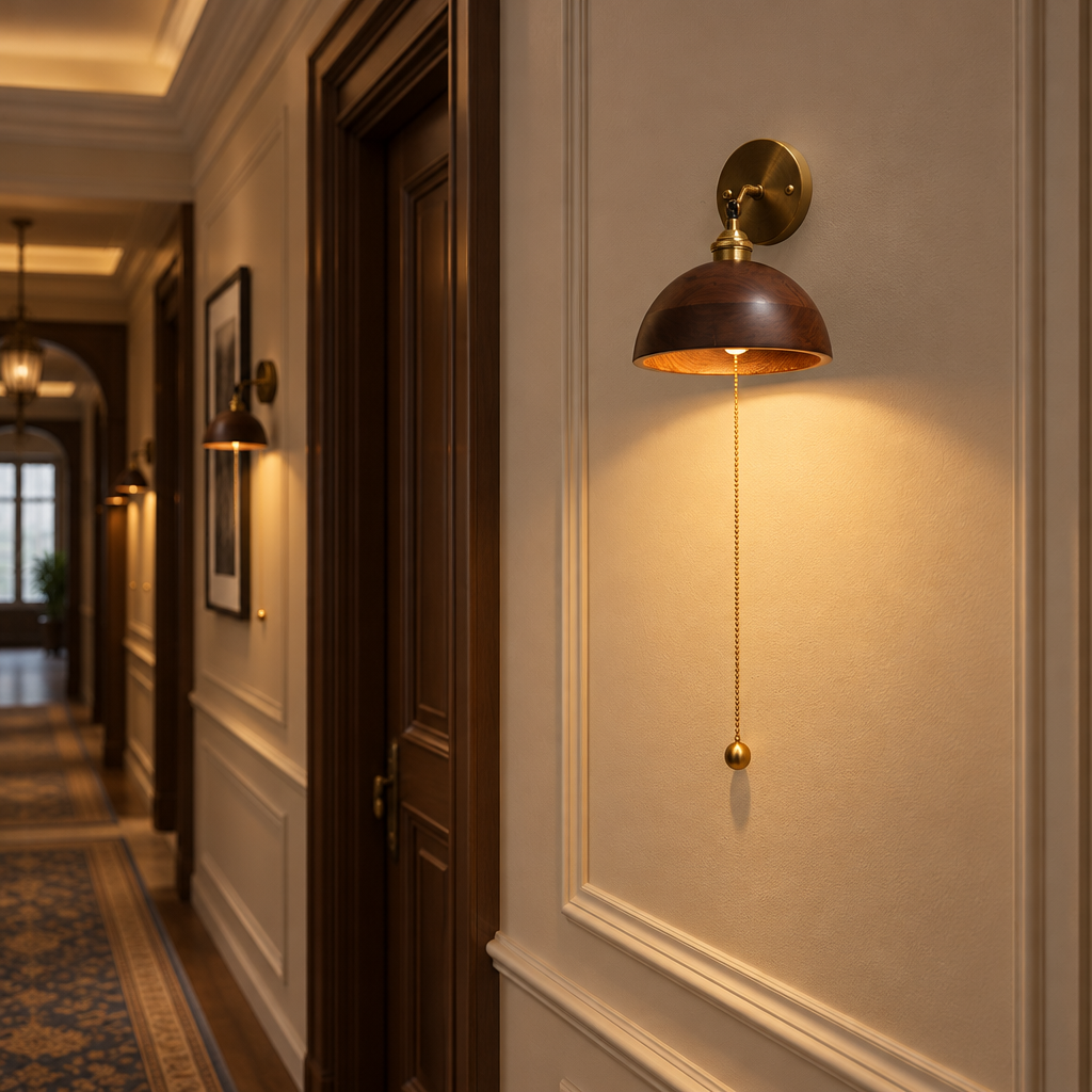 Elm Walnut Wood Wall Sconce, Model A, in a hotel corridor in a renovated U.S. historic hotel