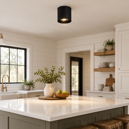 Pico LED Surface Mount Spotlight, Single Black, in a modern farmhouse kitchen with a white quartz island and shiplap walls