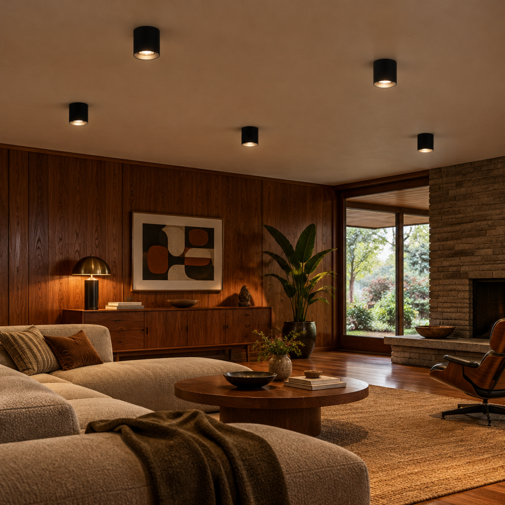Pico LED Surface Mount Spotlight, Set of 5 Black, in a mid-century ranch house den with walnut paneling and a low sofa