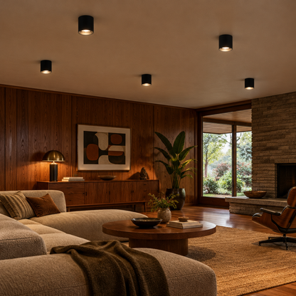 Pico LED Surface Mount Spotlight, Set of 5 Black, in a mid-century ranch house den with walnut paneling and a low sofa