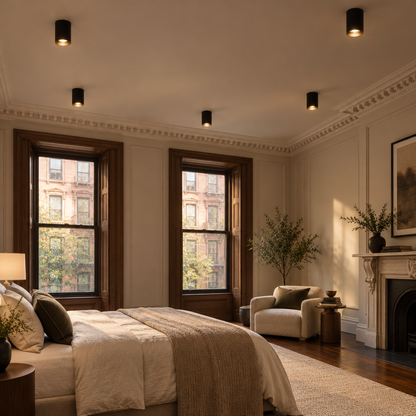 Pico LED Surface Mount Spotlight, Set of 5 Black, in an East Coast brownstone bedroom with tall sash windows and crown molding
