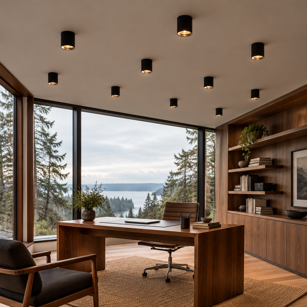 Pico LED Surface Mount Spotlight, Set of 10 Black, in a Pacific Northwest home office with large windows and a walnut desk