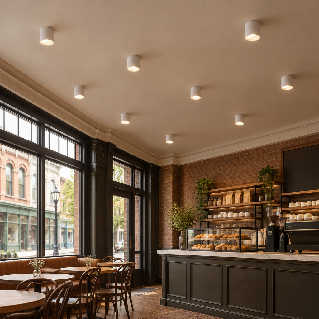 Pico LED Surface Mount Spotlight, Set of 10 White, in a coffee shop in a historic Main Street storefront